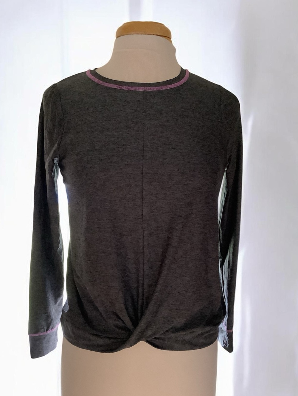 Lands End Long Sleeve Twist-Front Top - Charcoal with Pink Trim